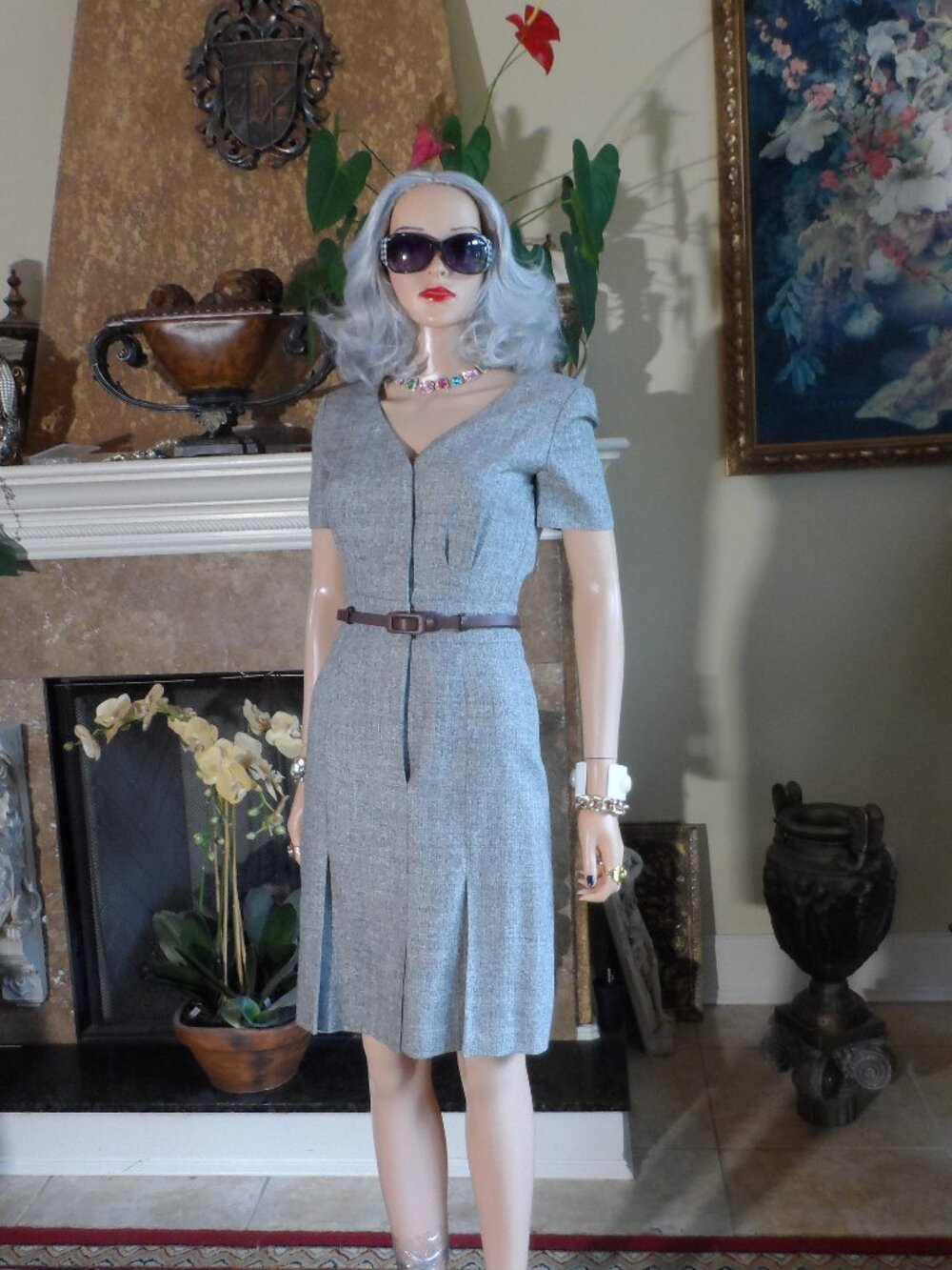 Oscar de la Renta Gray Silk Wool Blend Belted Sheath Dress Size 6
